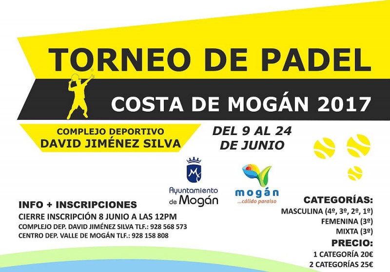 Arguineguin acoge del 9 al 24 de junio el Torneo de P�del Costa Mog�n 2017